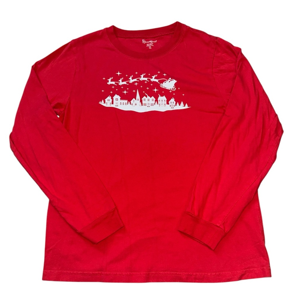 Pajamagram Women's Red Christmas Santa Reindeer Village Long Sleeve Shirt